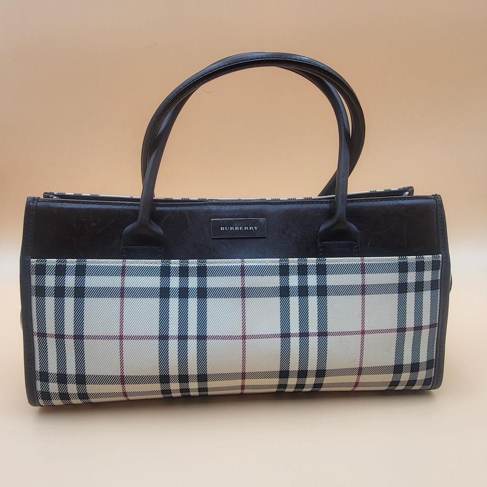 BURBERRY Brown Leather House Check Jacquard Handbag Long..Authentic....